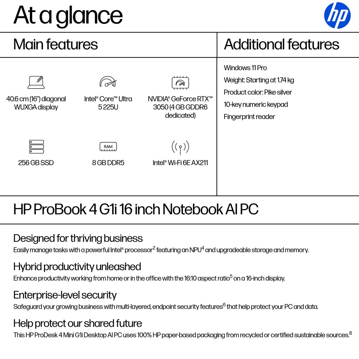 HP ProBook 4 G1i AI Intel Core Ultra 5 225U Laptop 40.6 cm (16") WUXGA 8 GB DDR5-SDRAM 256 GB SSD Wi-Fi 6E (802.11ax) Windows 11 Pro AI PC Silver - Image 4