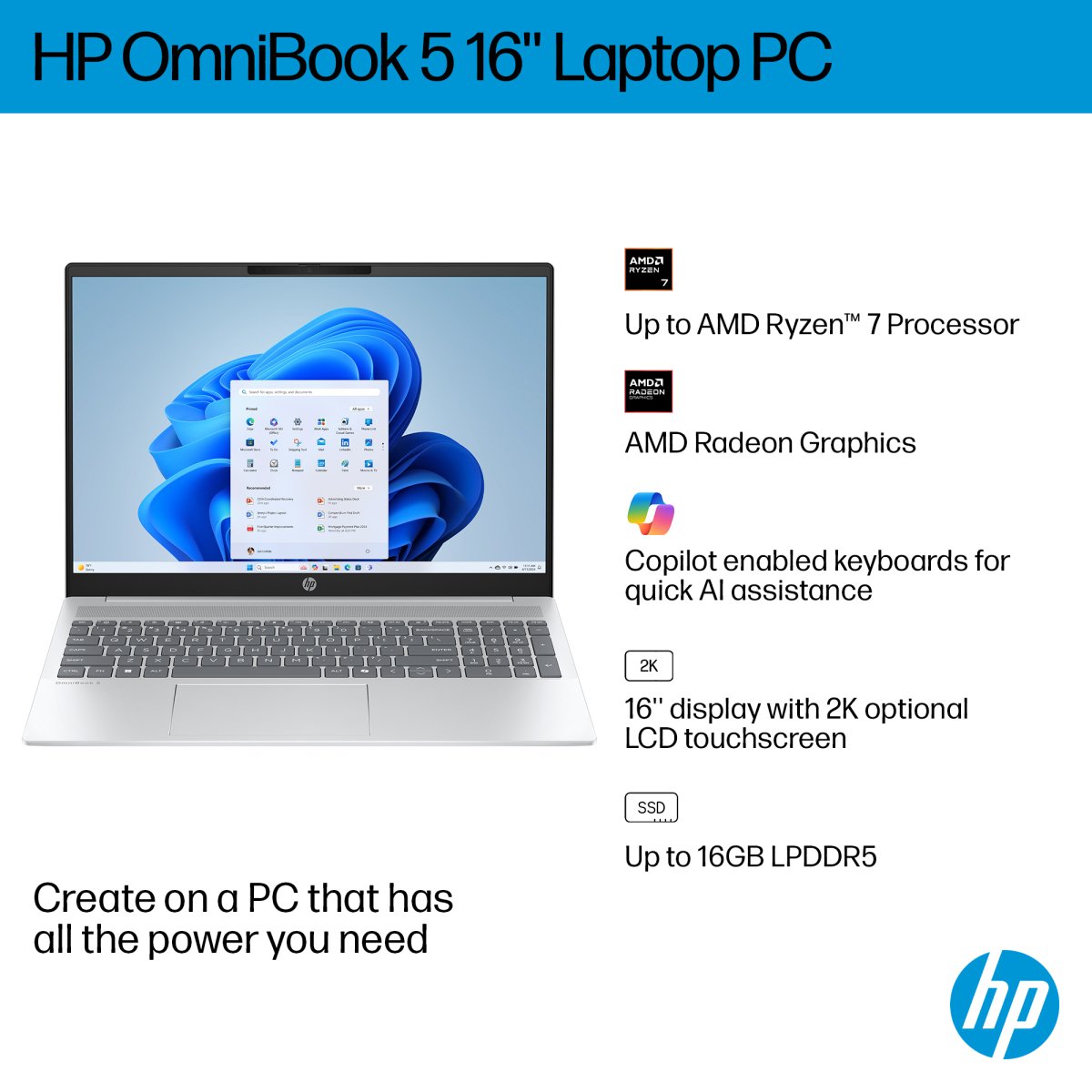 HP OmniBook 5 16-bc1003na AMD Ryzen™ 5 8540U Laptop 40.6 cm (16") 2K 8 GB LPDDR5-SDRAM 512 GB SSD Wi-Fi 6 (802.11ax) Windows 11 Home Silver - Image 4